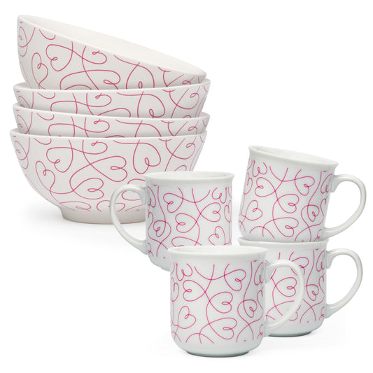 LT Loving Loops Ceramic Breakfast Set, 4 Mugs & 4 Bowls