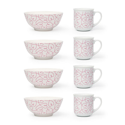 LT Loving Loops Ceramic Breakfast Set, 4 Mugs & 4 Bowls