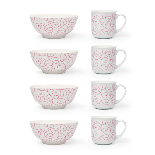 LT Loving Loops Ceramic Breakfast Set, 4 Mugs & 4 Bowls
